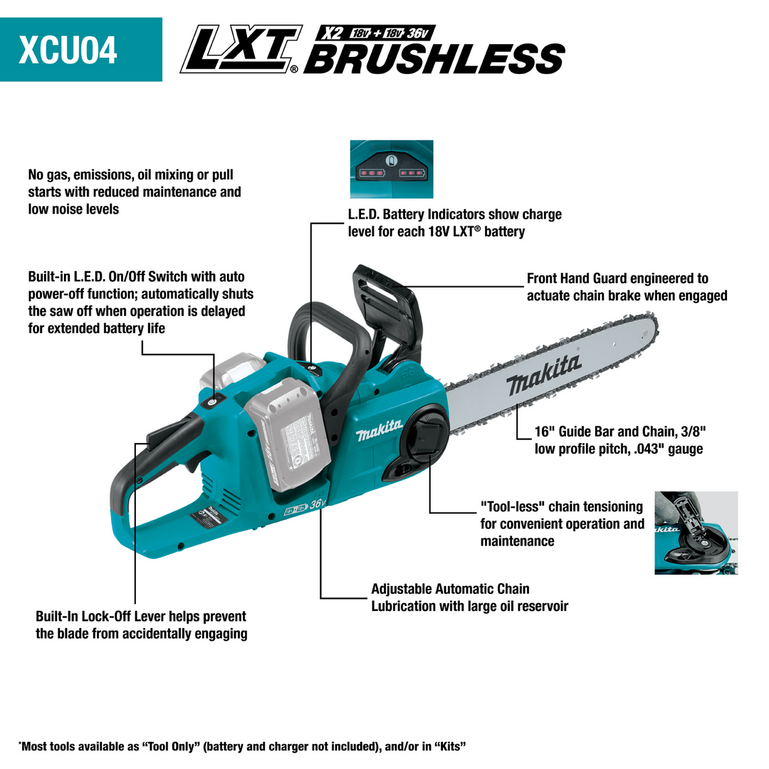 MAKITA 36V (18V X2) LXT® Brushless 16" Chain Saw Kit (5.0Ah) XCU04PT