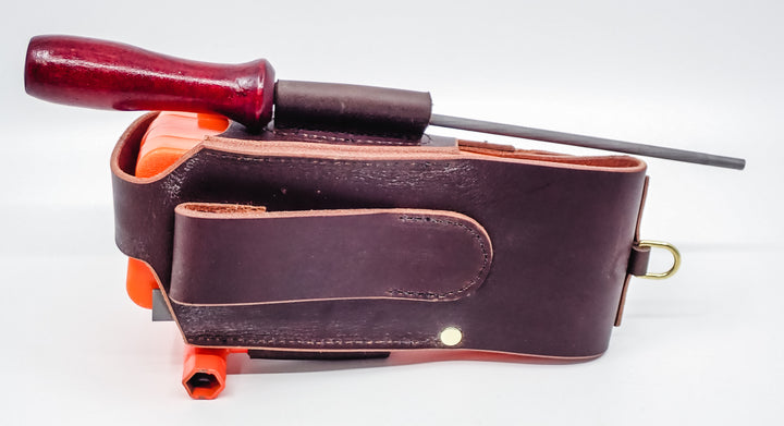 THE DUKE'S HANDMADE 6 PIECE LEATHER LOGGER'S WEDGE FILE TOOL POUCH WITH TOOLS!