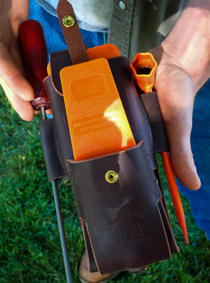 THE DUKE'S HANDMADE 6 PIECE LEATHER LOGGER'S WEDGE FILE TOOL POUCH WITH TOOLS!