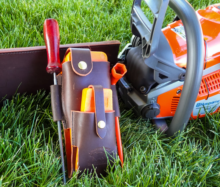 THE DUKE'S HANDMADE 6 PIECE LEATHER LOGGER'S WEDGE FILE TOOL POUCH WITH TOOLS!