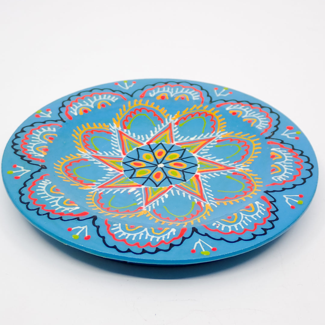 UKRAINIAN WOODEN PYSANKY HAND DECORATED EASTER EGGS ON A PLATE TEAL