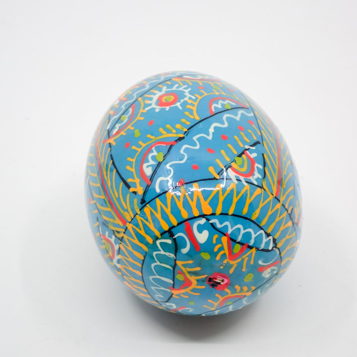 UKRAINIAN WOODEN PYSANKY HAND DECORATED EASTER EGGS ON A PLATE TEAL