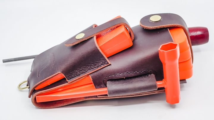 THE DUKE'S HANDMADE 6 PIECE LEATHER LOGGER'S WEDGE FILE TOOL POUCH WITH TOOLS!