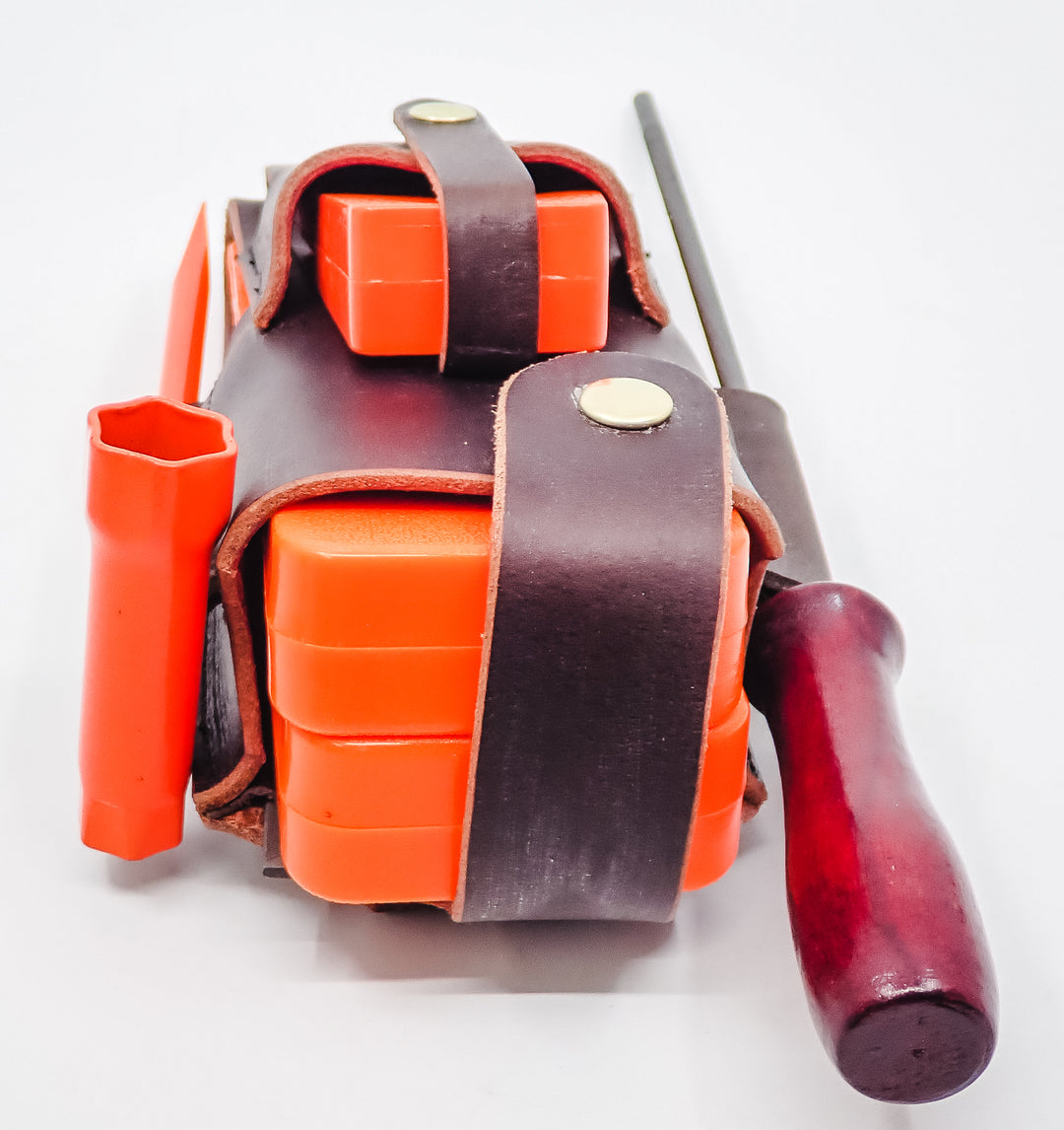 THE DUKE'S HANDMADE 6 PIECE LEATHER LOGGER'S WEDGE FILE TOOL POUCH WITH TOOLS!