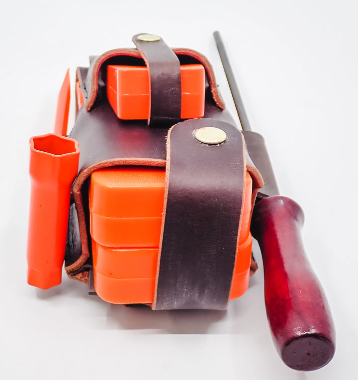 THE DUKE'S HANDMADE 6 PIECE LEATHER LOGGER'S WEDGE FILE TOOL POUCH WITH TOOLS!