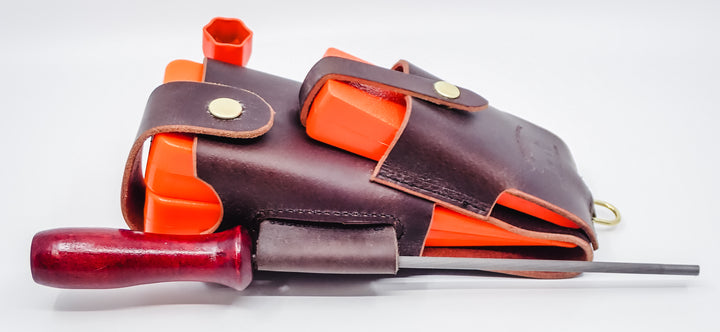 THE DUKE'S HANDMADE 6 PIECE LEATHER LOGGER'S WEDGE FILE TOOL POUCH WITH TOOLS!