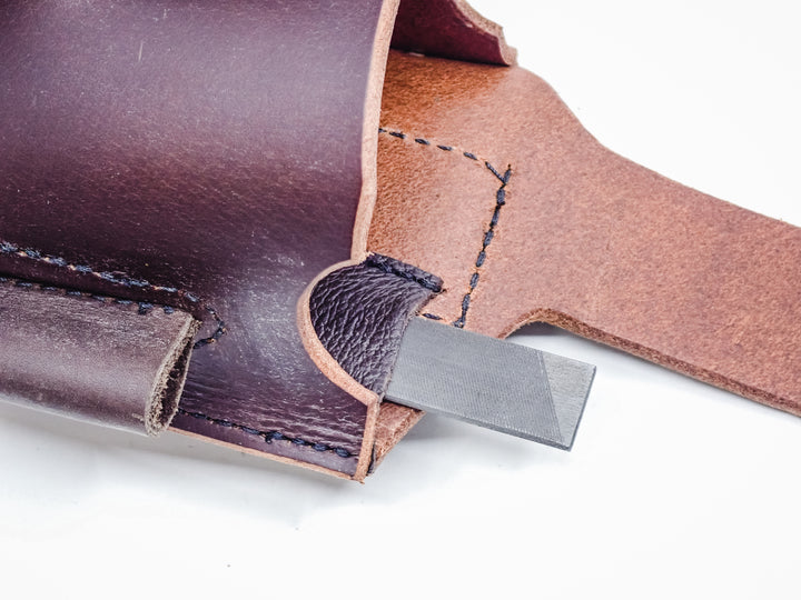 THE DUKE'S HANDMADE 6 PIECE LEATHER LOGGER'S WEDGE FILE TOOL POUCH WITH TOOLS!