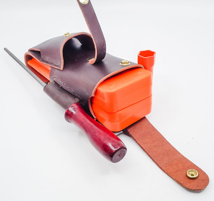 THE DUKE'S HANDMADE 6 PIECE LEATHER LOGGER'S WEDGE FILE TOOL POUCH WITH TOOLS!