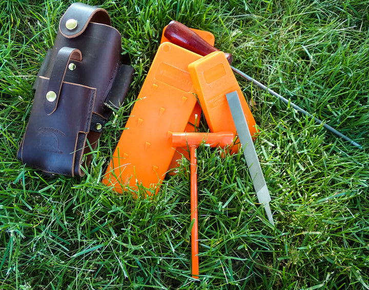 THE DUKE'S HANDMADE 6 PIECE LEATHER LOGGER'S WEDGE FILE TOOL POUCH WITH TOOLS!