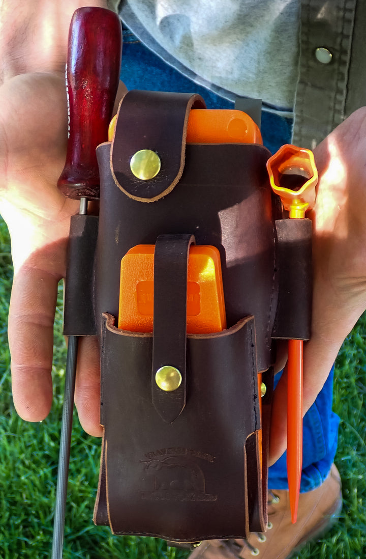 THE DUKE'S HANDMADE 6 PIECE LEATHER LOGGER'S WEDGE FILE TOOL POUCH WITH TOOLS!