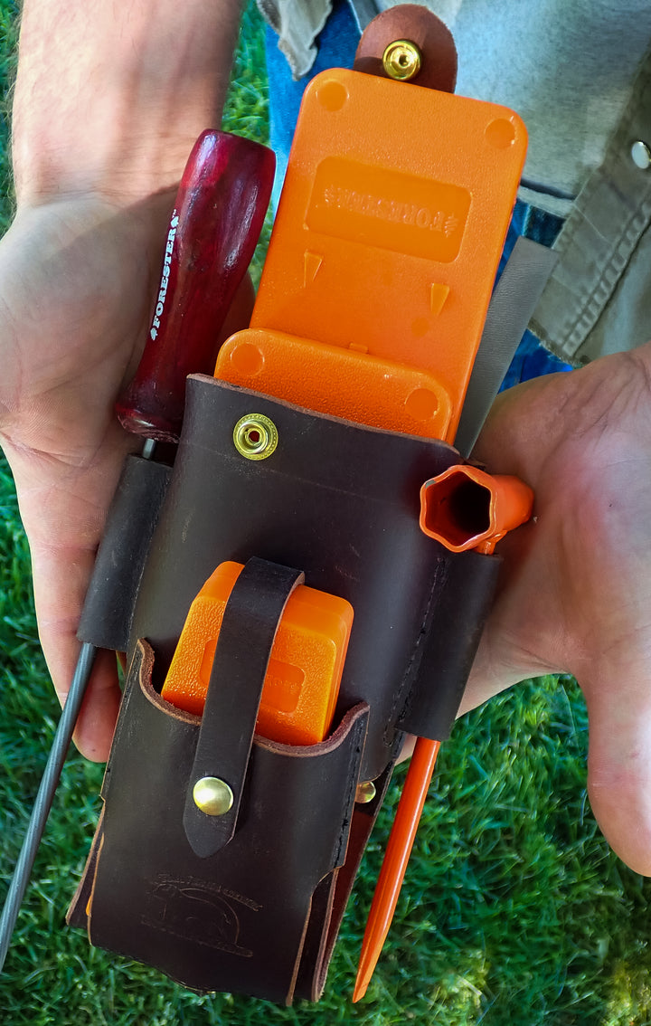 THE DUKE'S HANDMADE 6 PIECE LEATHER LOGGER'S WEDGE FILE TOOL POUCH WITH TOOLS!