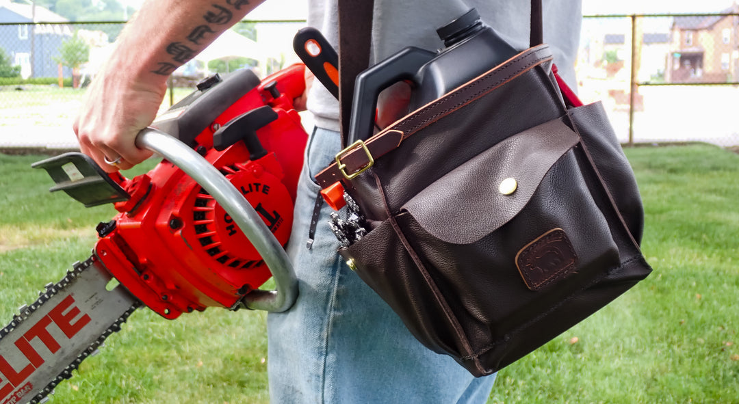 THE DUKE'S BROWN LEATHER CHAINSAW BAR OIL TOOL TOTE CARRY BAG MADE IN USA