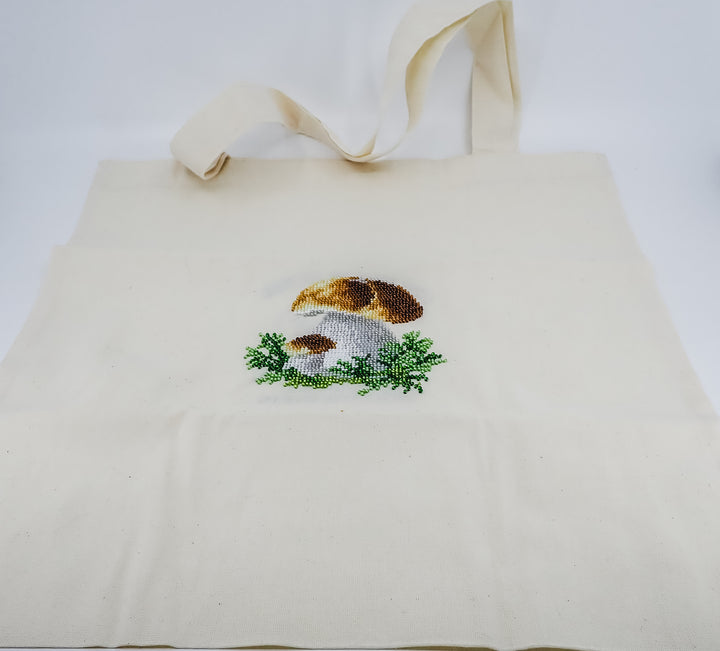 BEAD EMBROIDERY MUSHROOM FORAGING REUSABLE SHOPPING TOTE BAG MADE IN UKRAINE