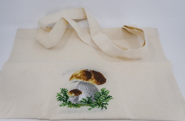 BEAD EMBROIDERY MUSHROOM FORAGING REUSABLE SHOPPING TOTE BAG MADE IN UKRAINE