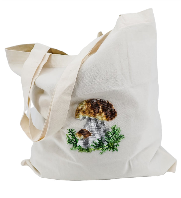 BEAD EMBROIDERY MUSHROOM FORAGING REUSABLE SHOPPING TOTE BAG MADE IN UKRAINE