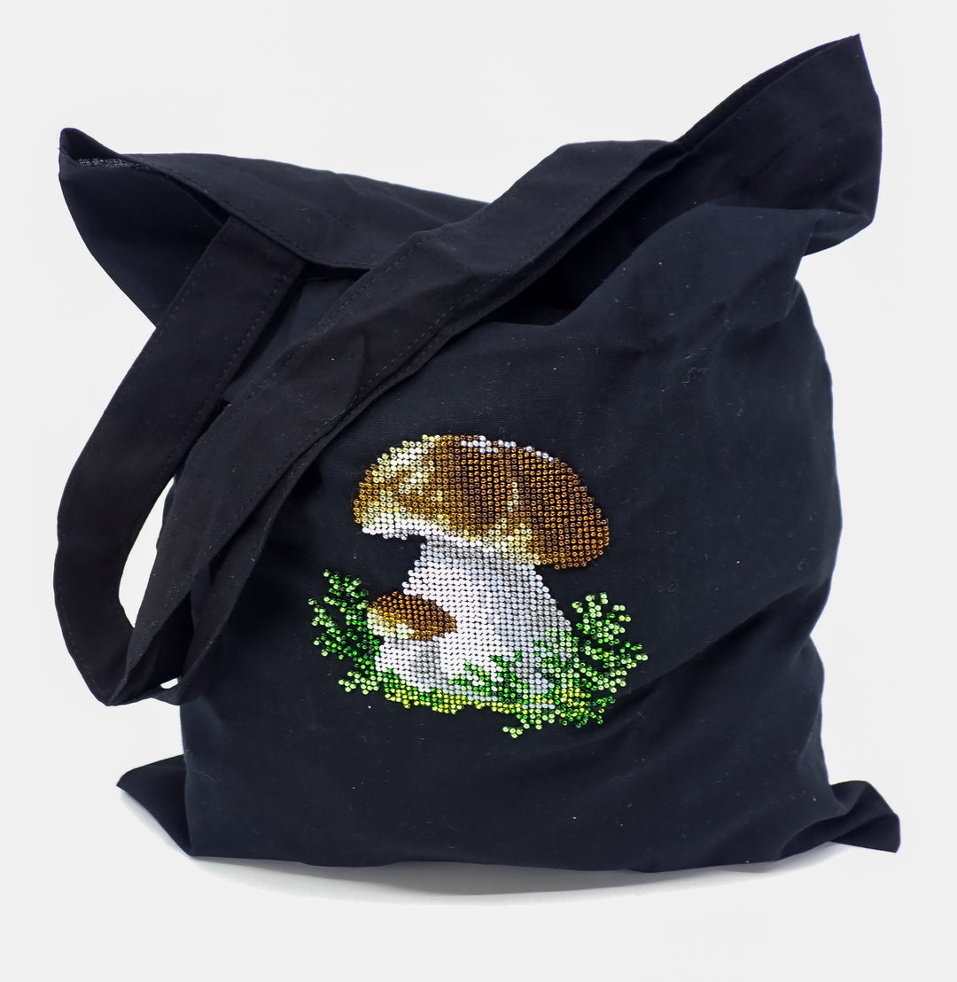 BEAD EMBROIDERY MUSHROOM FORAGING REUSABLE SHOPPING TOTE BAG MADE IN UKRAINE