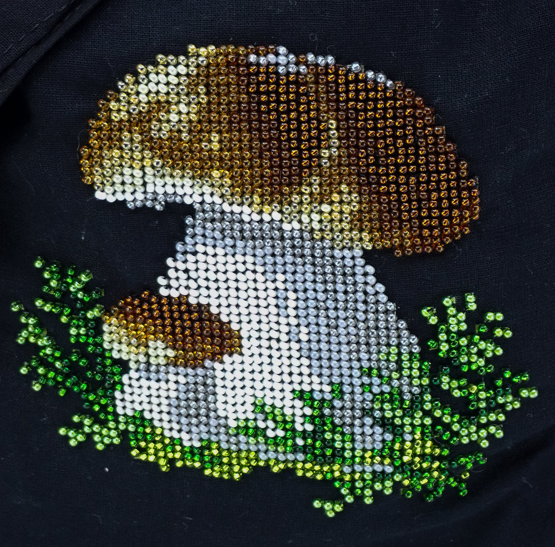 BEAD EMBROIDERY MUSHROOM FORAGING REUSABLE SHOPPING TOTE BAG MADE IN UKRAINE