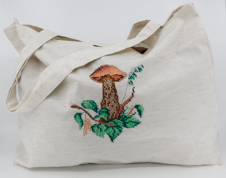 BEAD EMBROIDERY MUSHROOM FORAGING REUSABLE SHOPPING TOTE BAG MADE IN UKRAINE