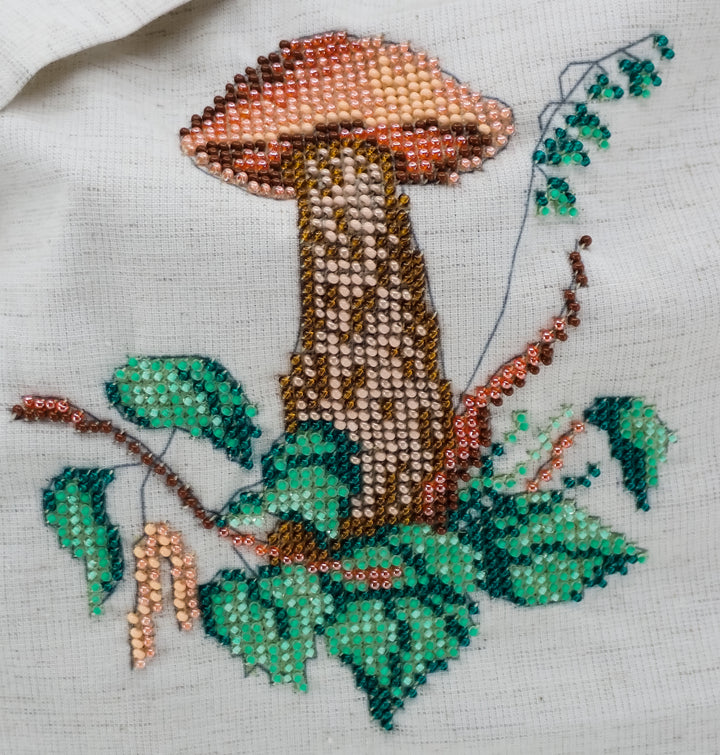 BEAD EMBROIDERY MUSHROOM FORAGING REUSABLE SHOPPING TOTE BAG MADE IN UKRAINE