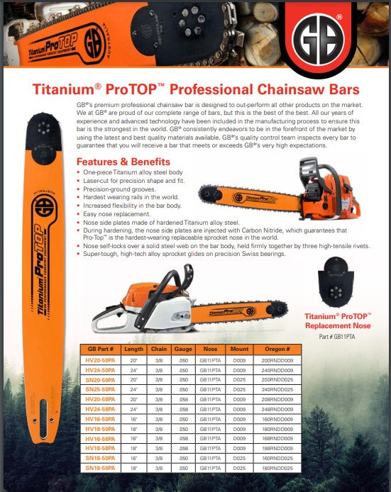 GB TITANIUM PROTOP CHAINSAW BAR FITS HUSQVARNA LARGE MOUNT 42" 3/8 .063 135DL