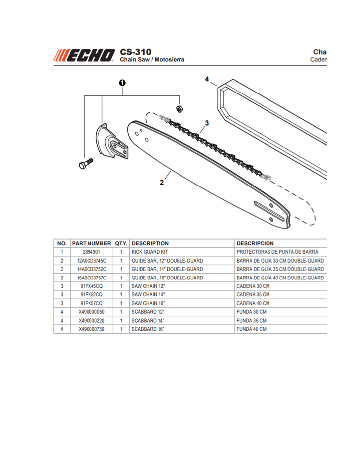 ECHO 12" BAR AND CHAIN FITS CS-271T CS-303T CS-310 CS-330T CS-352 12A0CD91PX
