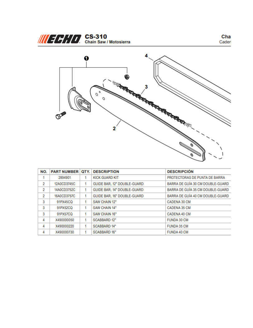 ECHO 14" BAR AND CHAIN FITS CS-271T CS-303T CS-310 CS-330T CS-352 14A0CD91PX